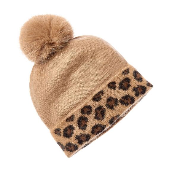 Bruno Magli Leopard Jacquard Cuff Cashmere Hat, Brown